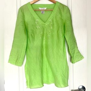 Allison Taylor Lime Green 100% Linen Embroidered Sequin Tunic Top, M Resortwear